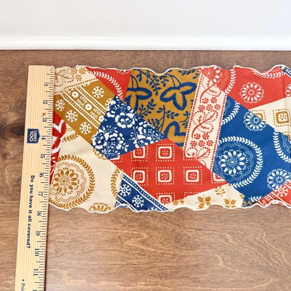 Vintage Patchwork Quilted Table Runner Table Scarf Red Blue Farmhouse 30x8